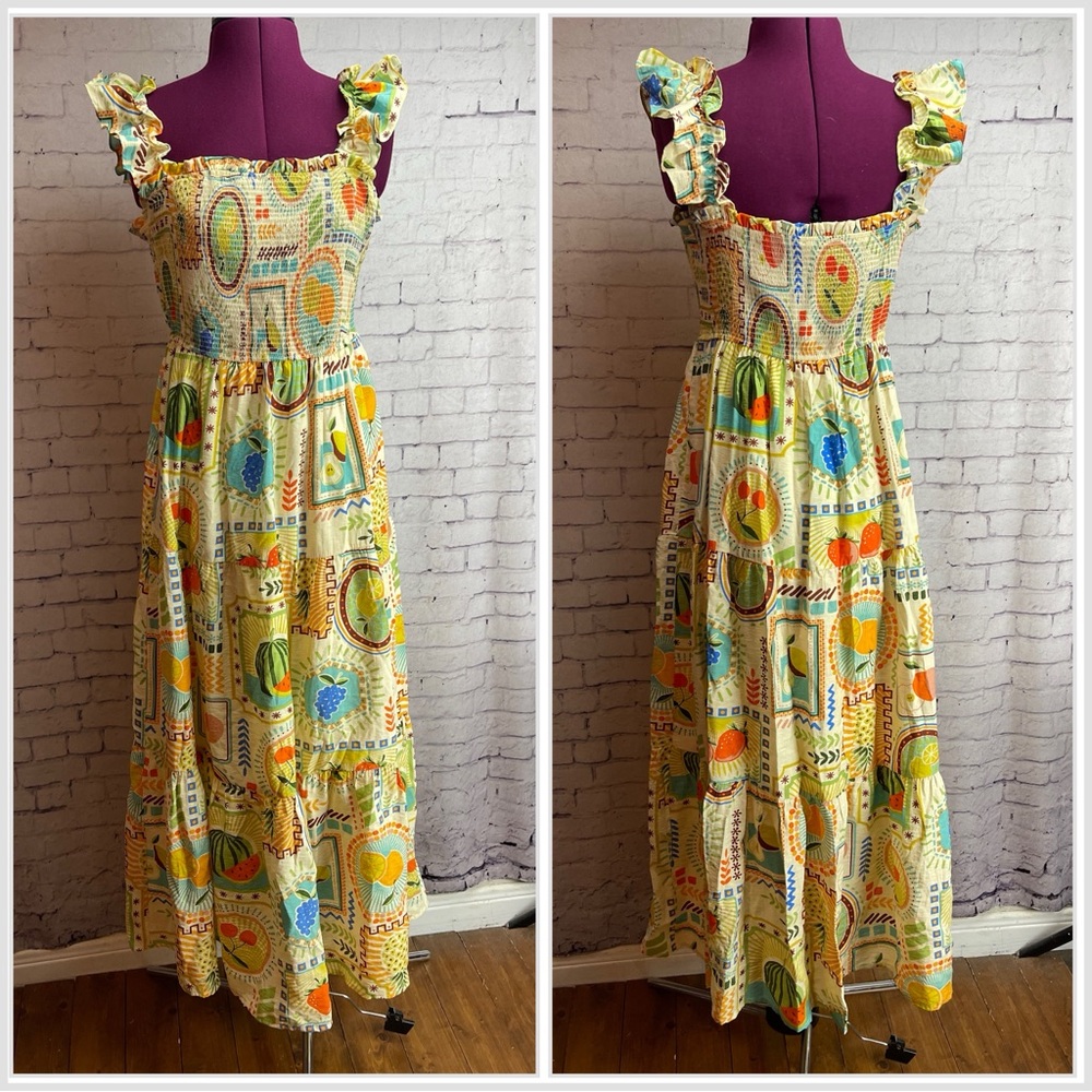 By the river size large cream colored with fruit print tiered maxi dress